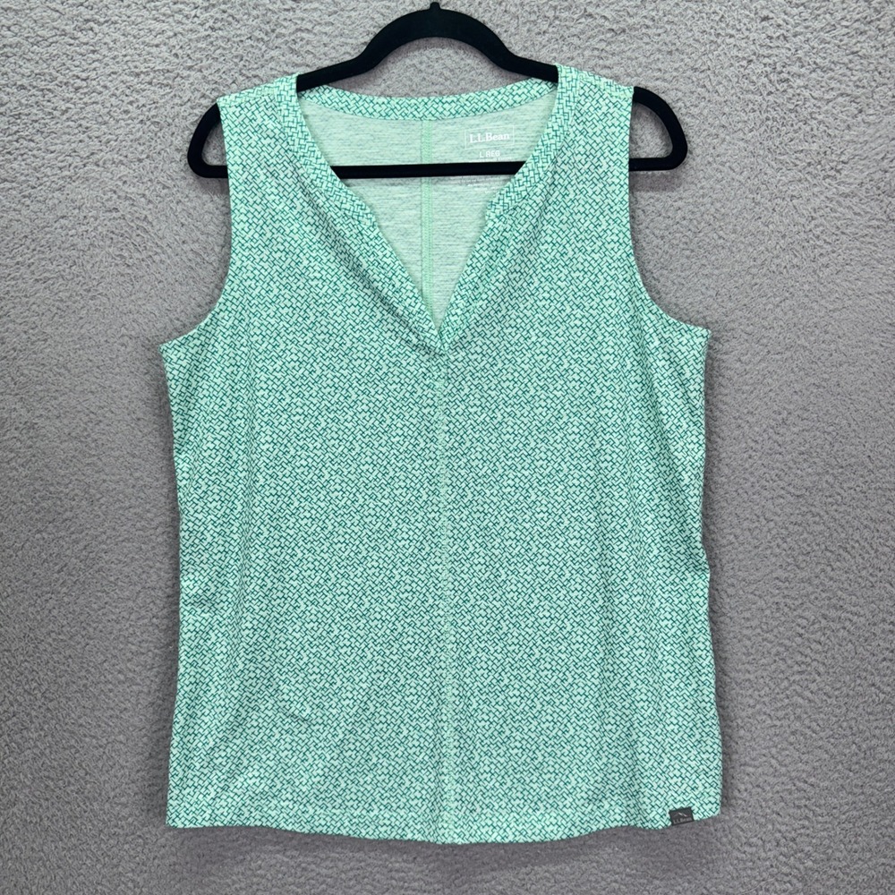 LL Bean Tank Top Womens L Green Geometric Split Neck Sleeveless Performance‎